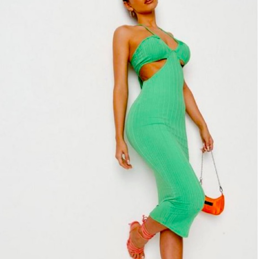 Green Rib Cut Out Halterneck Midi Dress